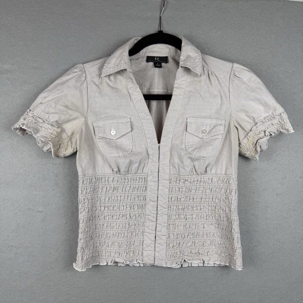 Byer California Womens Y2K Pinstripe Smocked Waist Top Beige Gold Metallic S